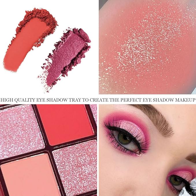 16 Girds Colorful Matte Shimmer Eyeshadow Palette for Eye Makeup,High Pigmented Eye Shadow Primers Powder Palet de sombras de ojos-Pink Red#-FemmiqueWomen