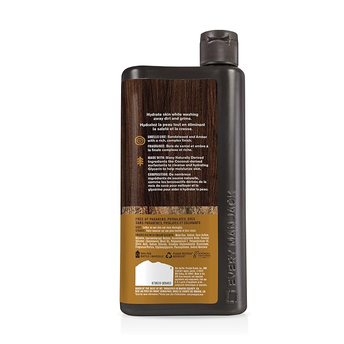 Every Man Jack Amber+Sandalwood Hydrating Mens Body Wash for All Skin Types-Cleanse, Nourish, and Hydrate Skin with Naturally Derived Ingredients-Paraben Free, Phthalate Free, Dye Free-24oz(Pack of 2)-FemmiqueWomen