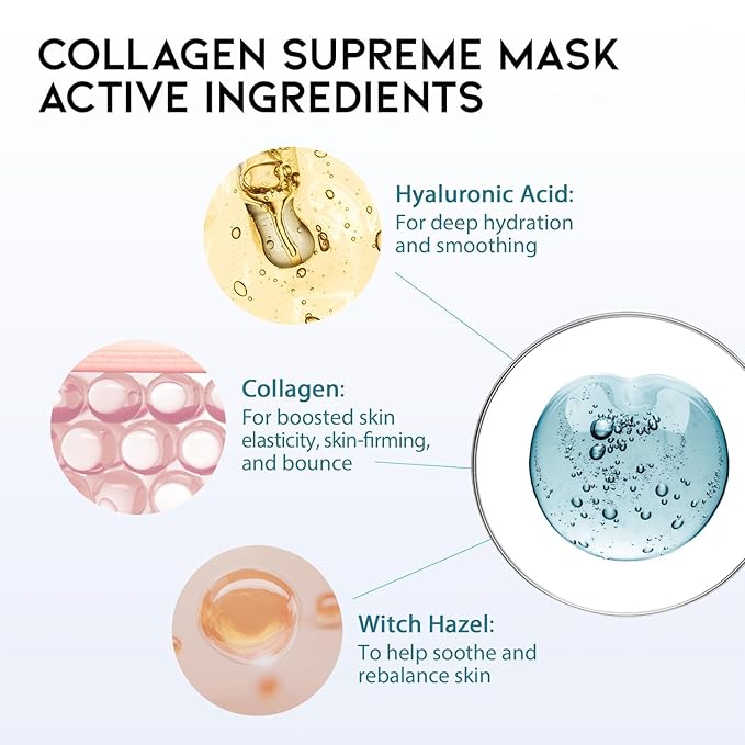 #OOTD Collagen Hydrating Sheet Masks for Face Korean Anti Aging Mask Sheet for Dry Skin & Sensitive Skin, EVE Vegan, Not Tested on Animals, No Parabens, No Sulfates, Hyaluronic Acid, Witch Hazel 10EA-FemmiqueWomen
