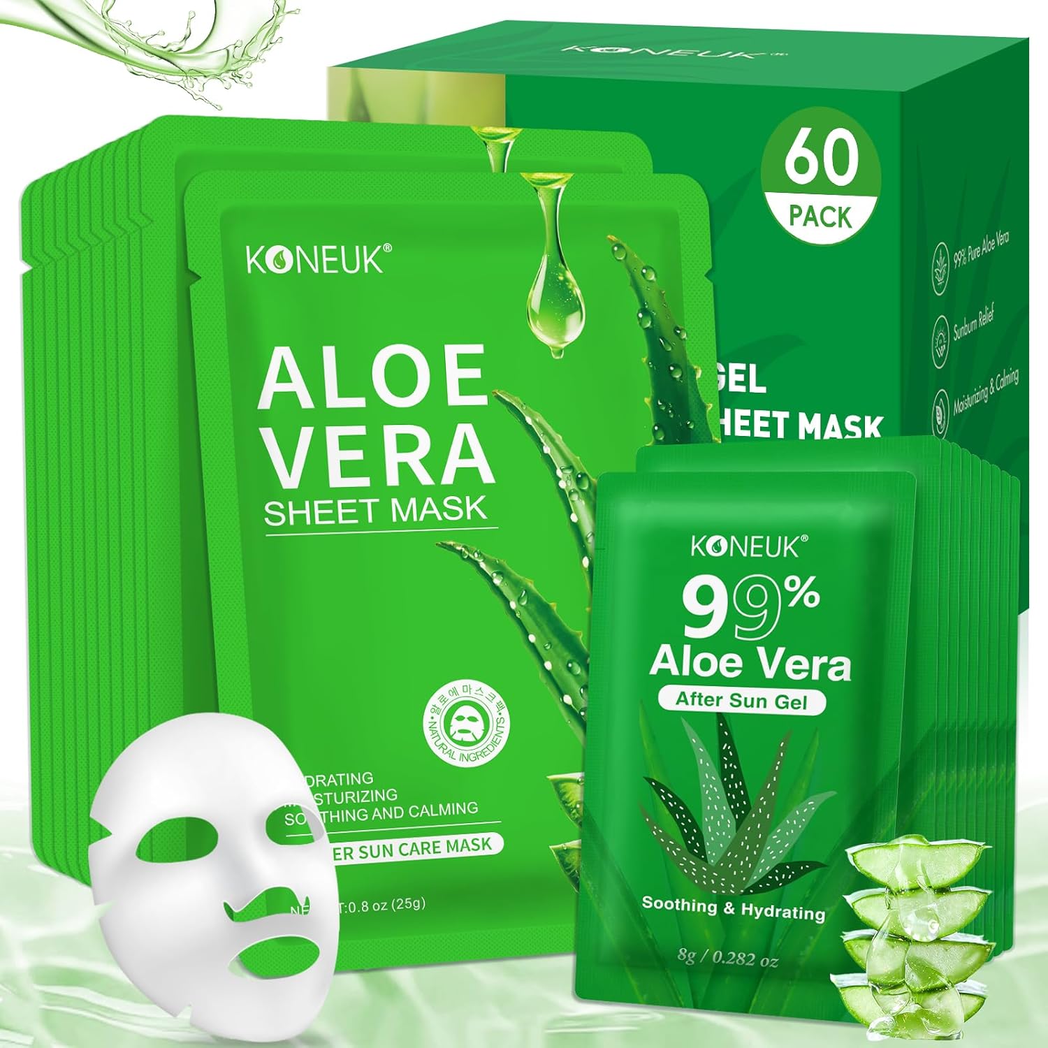 30 Pack Aloe Vera Gel and 30 Pack Face Masks Skincare, Aloe Vera Gel and Facial Mask for Face, Hair, Body, Skin, Bulk Travel Size Aloe Gel and Mask for Sunburn Relief-FemmiqueWomen