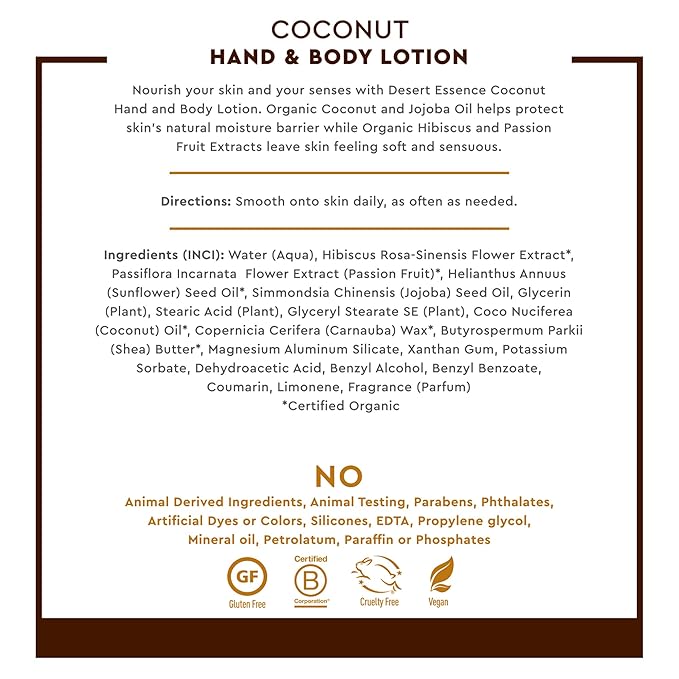 Desert Essence Organic Coconut Hand and Body Lotion 8 fl. oz.-FemmiqueWomen