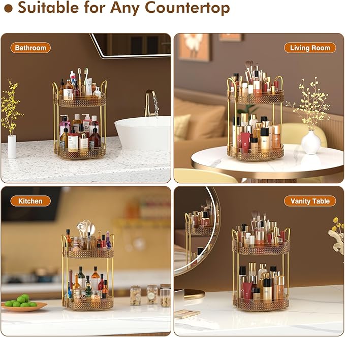 Awenia Rotating Makeup Organizer 360, Stackable Adjustable Large Capacity Cosmetic Storage Unit,Dresser Bathroom Kitchen Countertop Organizer with Metal Handle, Plus Size (Honorable Gold, 2 Tier)-FemmiqueWomen