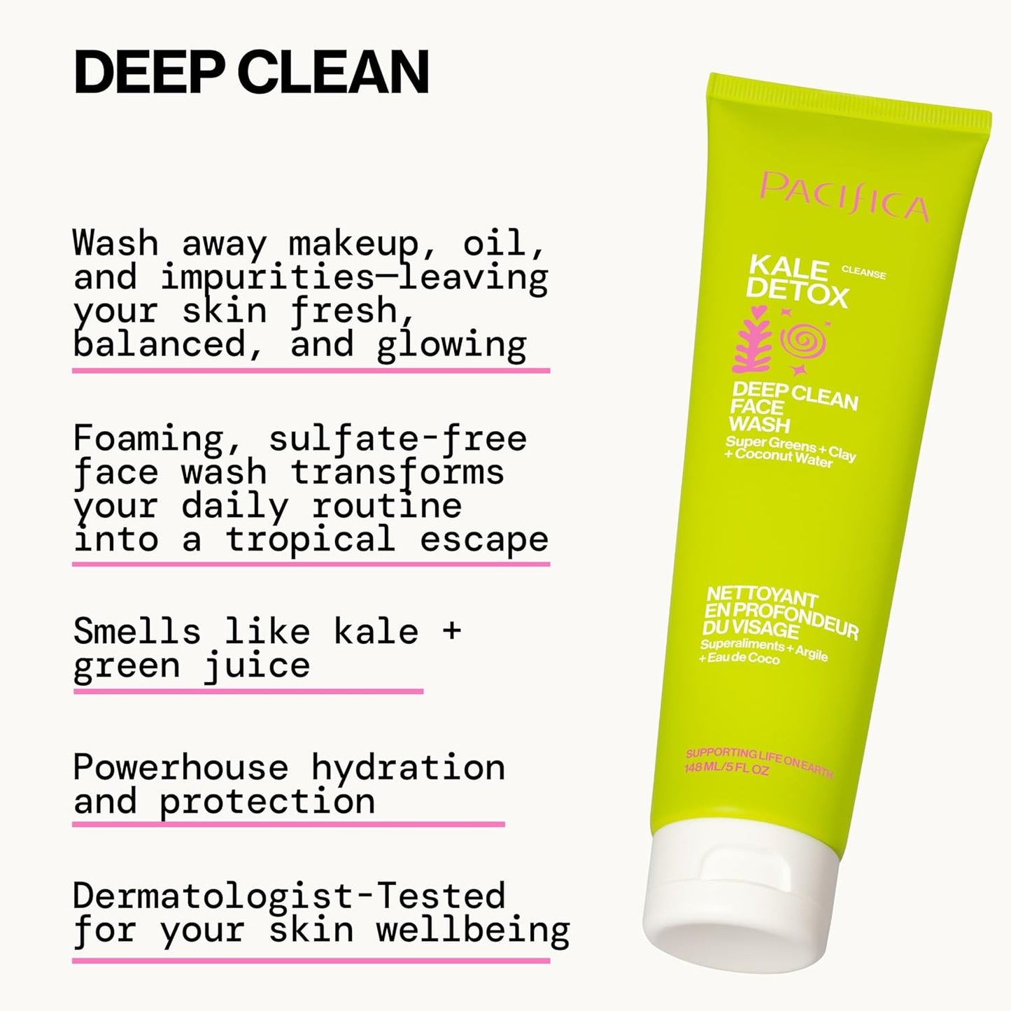Pacifica Kale Detox Face Wash for Oily & Acne-Prone Skin, Deep Cleansing Facial Cleanser & Makeup Remover with Super Greens Kale, Seaweed & Clay, 5 fl oz –Clean Beauty, Vegan & Cruelty-Free-FemmiqueWomen