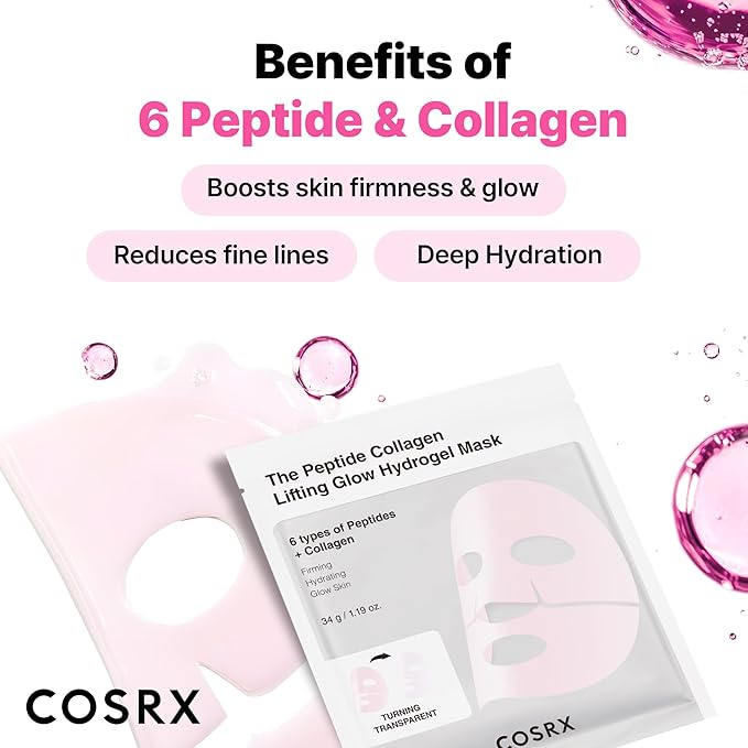 COSRX Pink Peptides Collagen Lifting Glow Hydrogel Face Masks Skincare 3 EA, Collagen Face Mask, Travel Essentials, Overnight Face Mask, Korean SkinCare, Stocking stuffers for women