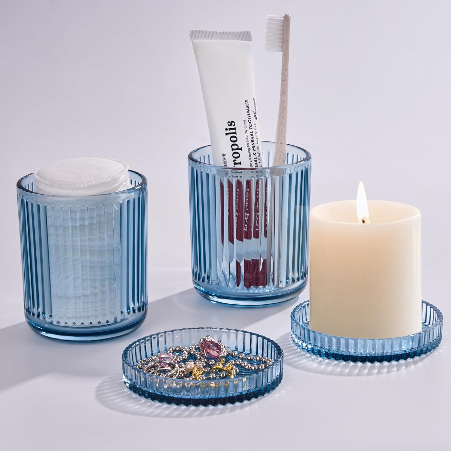 2 Pack Qtip Holders for Bathroom, Clear Glass Apothecary Jars with Lids,Vintage Bathroom Canisters for Cotton Balls,Swabs,Floss Picks,Hair Ties,Vanity Organizer and Storage Decor (Blue)-FemmiqueWomen