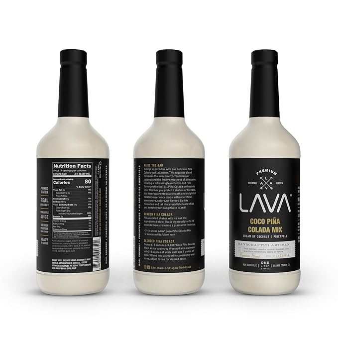 (3 Pack) LAVA Premium Coco Pina Colada Made with Cream of Coconut and Real Pineapple, No Artificial Sweeteners or Flavors, 1-Liter (33.8oz) Glass Bottle.-FemmiqueWomen