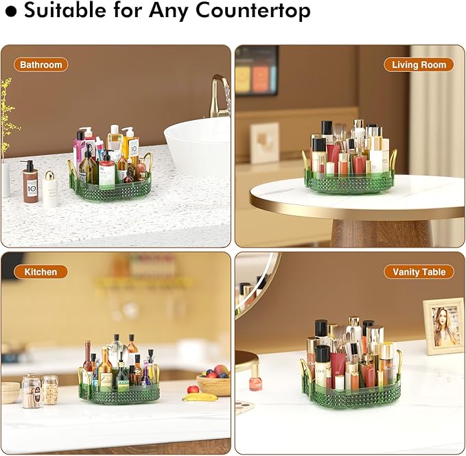 Awenia Rotating Makeup Organizer 360, Stackable Adjustable Large Capacity Cosmetic Storage Unit,Dresser Bathroom Kitchen Countertop Organizer with Metal Handle, Plus Size (Gem Green, 1 Tier)-FemmiqueWomen