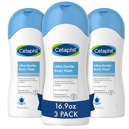 Cetaphil Ultra Gentle Refreshing Body Wash, For Dry To Normal, Sensitive Skin, Aloe Vera, Vitamin B5, Hypoallergenic, Dermatologist Tested, Fragrance Free, 16.9oz Pack of 3-FemmiqueWomen