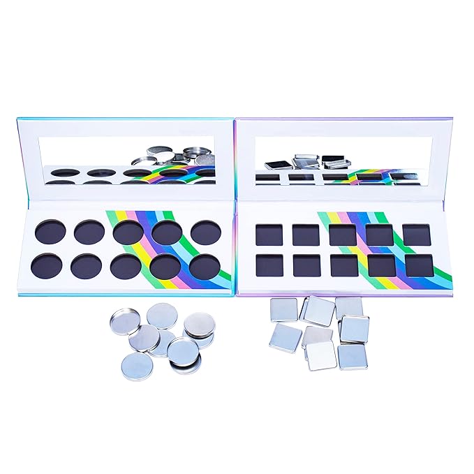 2PCS PU leather pastel sparkle empty magnetic palette with 10Pcs 26mm Round Metal Pans and 10Pcs 23mm square Metal Pans,DIY Eye Shadow makeup palette,elastic, flexible and lubricated, waterproof and easy to clean (Suit-1)-FemmiqueWomen