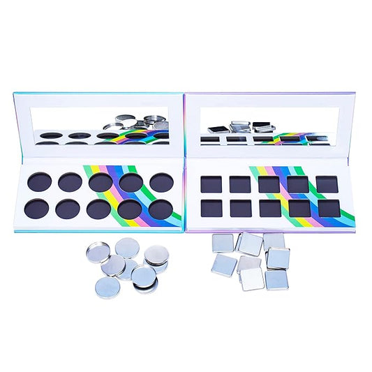 2PCS PU leather pastel sparkle empty magnetic palette with 10Pcs 26mm Round Metal Pans and 10Pcs 23mm square Metal Pans,DIY Eye Shadow makeup palette,elastic, flexible and lubricated, waterproof and easy to clean (Suit-1)-FemmiqueWomen