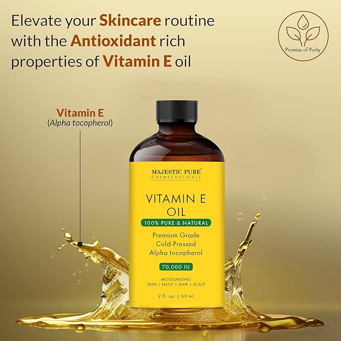 Majestic Pure Vitamin E Oil - 100% Pure & Natural, 70,000 IU | Premium Grade, Cold-Pressed and Tocopherol to Repair Dry, Damaged Skin | Moisturizing Skin, Hair and Scalp 2 Fl Oz-FemmiqueWomen