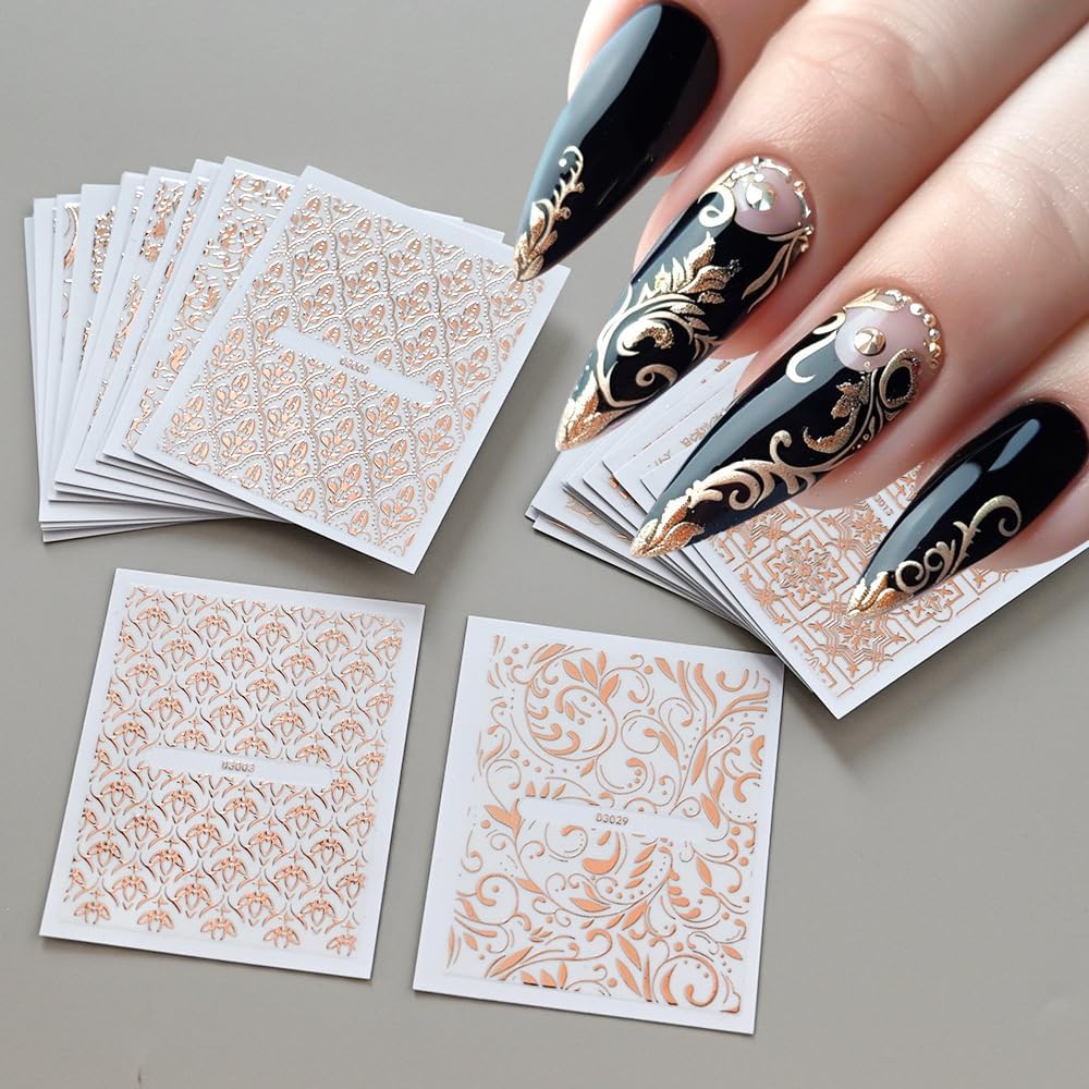 30 Sheets Rose Gold Lace Line Nail Stickers 3D Self Adhesive Nail Art Charms Sticker Decals for Crafts Supplies Accessories (ST-RG)-FemmiqueWomen