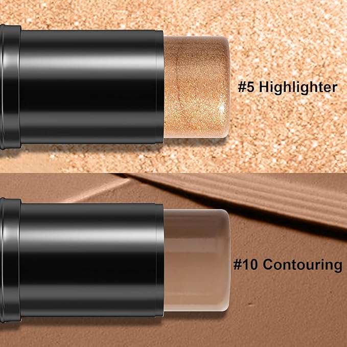 2Pcs Cream Contour Stick Makeup Kit, Cream Highlighter Stick and Bronzer Contour Stick with Longwear Waterproof Formula for Brightening and Trimming the Cheeks, Makeup Brush Include (#05, 10)-FemmiqueWomen