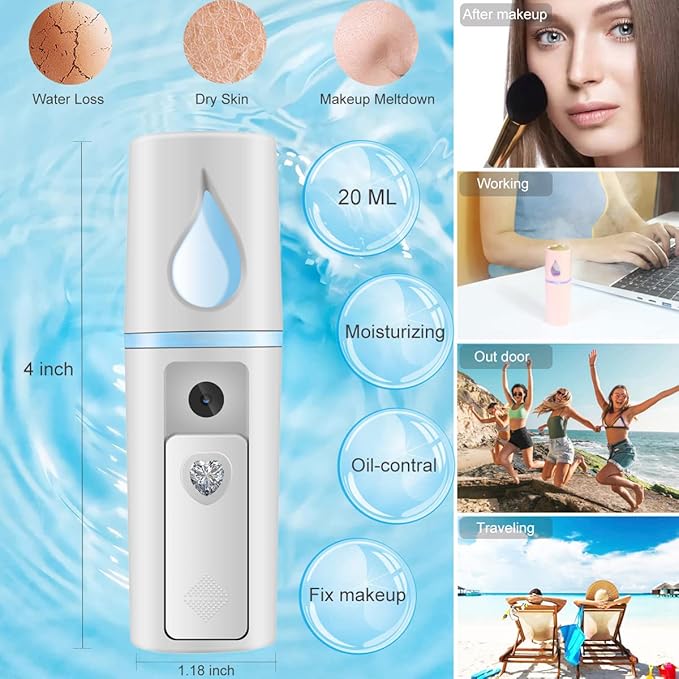 Nano Facial Mister Portable Mist Sprayer with Mirror Mini Cool Mist Spray for Skin Care & Facial Body Moisturized & Eyelash Extensions, USB Rechargeable (White)-FemmiqueWomen