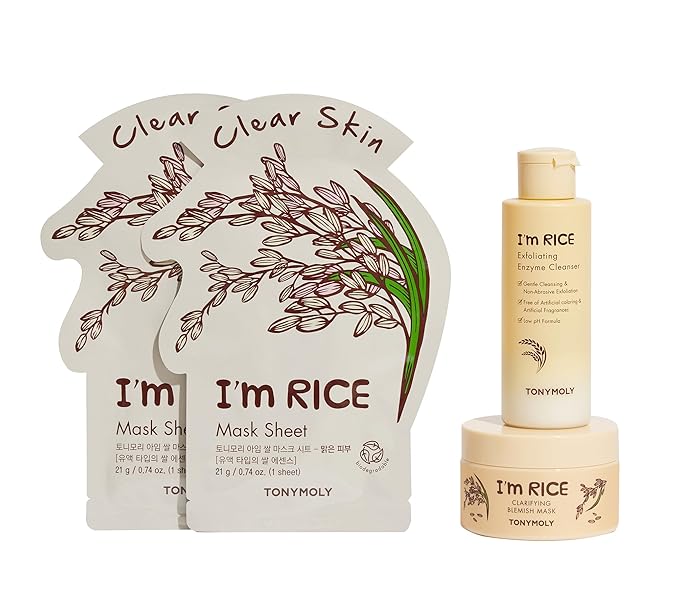 TONYMOLY I'm Rice Clarifying Skincare Set – 3-Step Face Care for Clear, Hydrated Skin – Includes Enzyme Powder Cleanser, Blemish Mask & Nourishing Sheet Masks – Gentle Exfoliation & Oil Control-FemmiqueWomen