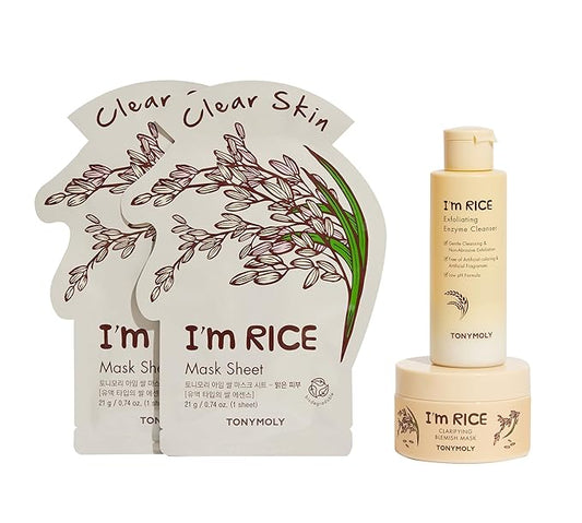 TONYMOLY I'm Rice Clarifying Skincare Set – 3-Step Face Care for Clear, Hydrated Skin – Includes Enzyme Powder Cleanser, Blemish Mask & Nourishing Sheet Masks – Gentle Exfoliation & Oil Control-FemmiqueWomen