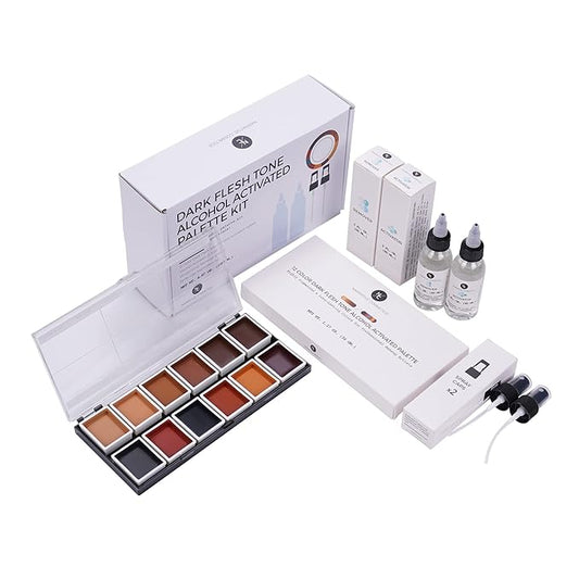 12 Color Dark Flesh Tone Alcohol Activated Makeup Palette Kit - Includes Alcohol Activator and Moisturizing Remover - Waterproof Makeup for Professional Makeup Artists-FemmiqueWomen