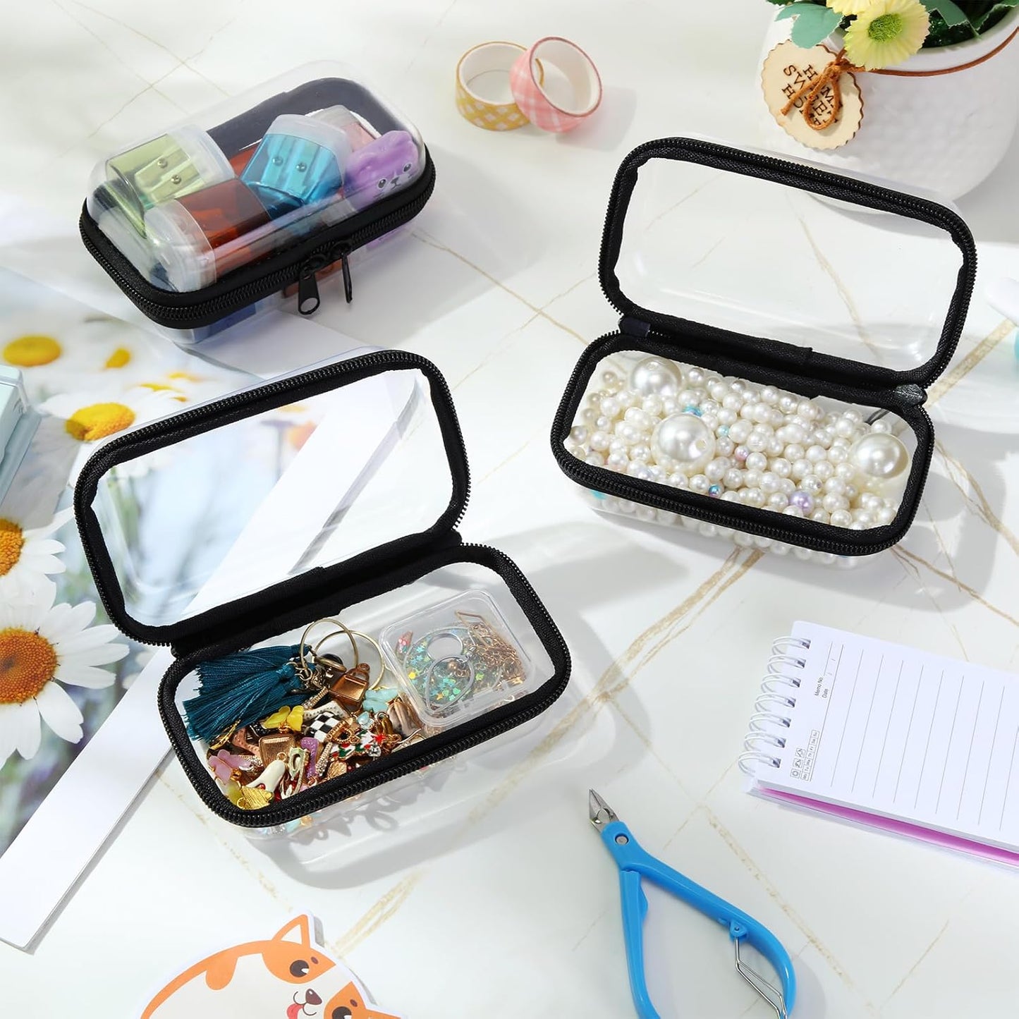 Hoolerry 3 Pcs Clear Hard Zipper Case Plastic Pouch Transparent Hard Case Clear Makeup Bag Portable Travel Organizer Bin for Cosmetics, Building Blocks, Puzzles(Black,Xs)-FemmiqueWomen