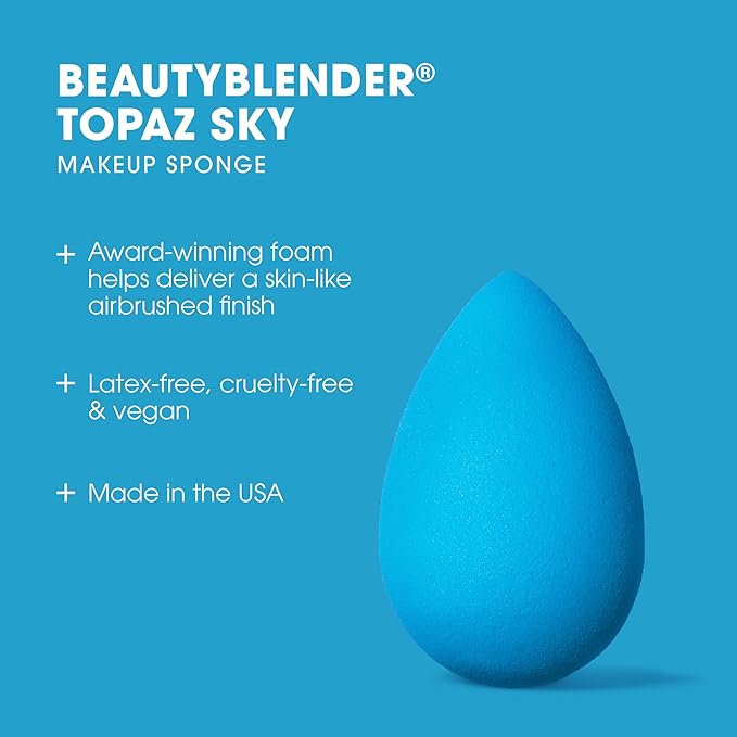 Beautyblender® | Topaz Sky Beauty Blender Makeup Sponge, Super-Soft Foam Easily Blends Foundations, Powders & Creams, Made in USA, Reusable, Washable, Streak Free Application, Vegan, Cruelty Free-FemmiqueWomen