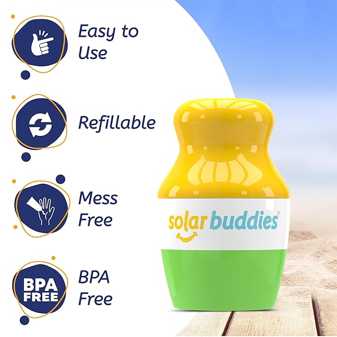 Solar Buddies Sunscreen Applicator - Single Green - Refillable Roll on Sponge Sunscreen, Suncream & Lotion Applicator For Kids, Adults & Families - Holds 3.4fl oz, Perfect Size for Travel-FemmiqueWomen