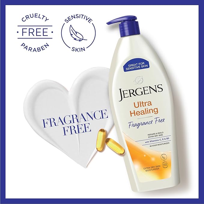 Jergens Ultra Healing Dry Skin Lotion, Hand and Body Moisturizer for Quick Absorption into Extra Dry Skin with Hydralucence Blend, Vitamins C, E and B5, White, 21 oz-FemmiqueWomen