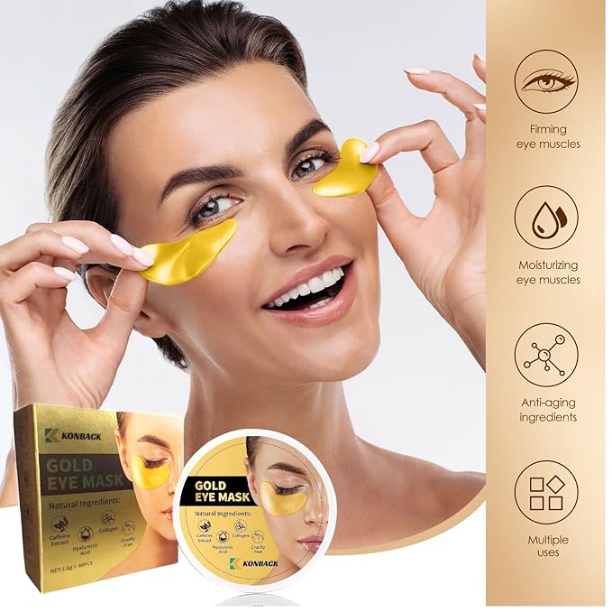 24K GOLD Eye Mask - 60 Pcs Collagen Under Eye Mask,Puffy Eyes and Dark Circles Treatments, Reduce Wrinkles and Fine Lines Undereye (Gold, 1)-FemmiqueWomen