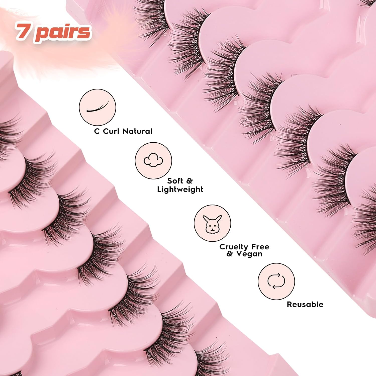 Half Lashes Cat Eye 14MM Corner Lashes False Eyelashes Natural Look C Curl Wispy Half Eyelashes 3/4 Lashes with Thin Cotton Band Soft Eyelash Pack Siligli 7 Pair-FemmiqueWomen