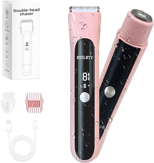 2 in 1 Bikini Trimmer for Women Dual Head Electric Shaver with LED Display,IPX7 Waterproof Wet & Dry, Painless Shaver for Underarm Leg Arm Body Face Private Area Pink-FemmiqueWomen