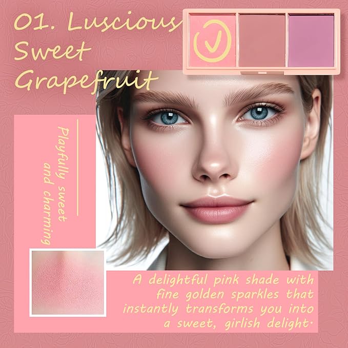3 Color Matte Pink Blush Palette with Brush, Long Lasting Cheek Makeup, Light and Smooth Blush Powder for Face Beauty-FemmiqueWomen
