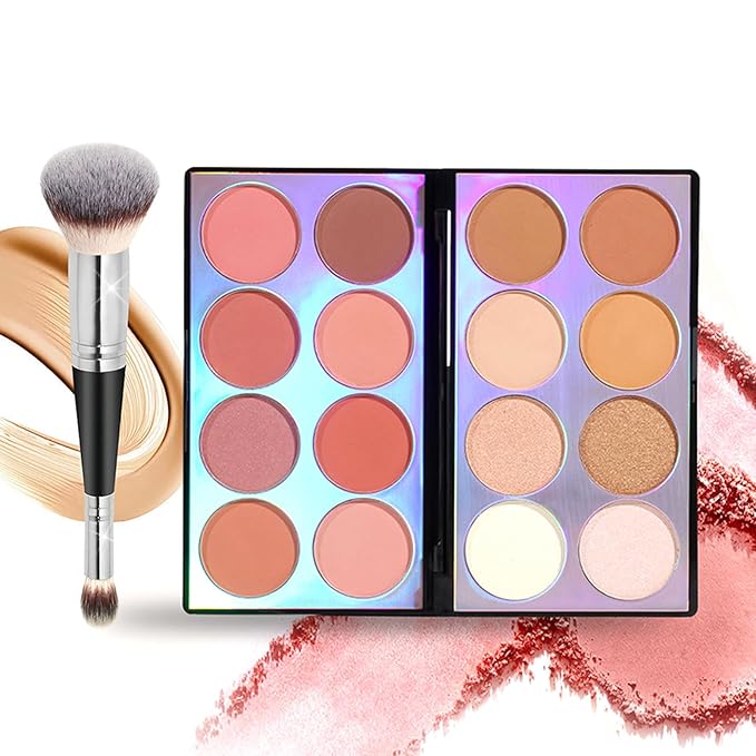 16 Colors Blush Contour Highlighter Makeup Palette with Brush, Shimmer Matte Mineral Face Blush Powder for Cheek, All in One Face Sculpting Bronzer Blusher Illuminator Concealer Palette-FemmiqueWomen