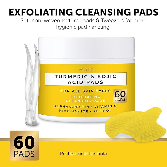 VALITIC Turmeric Kojic Acid Cleansing Pads - Exfoliating Dark Spot Remover for Face with Vitamin C, Alpha Arbutin, Niacinamide and Retinol - Kojic Acid And Turmeric Cleansing Pads - 60 Units-FemmiqueWomen