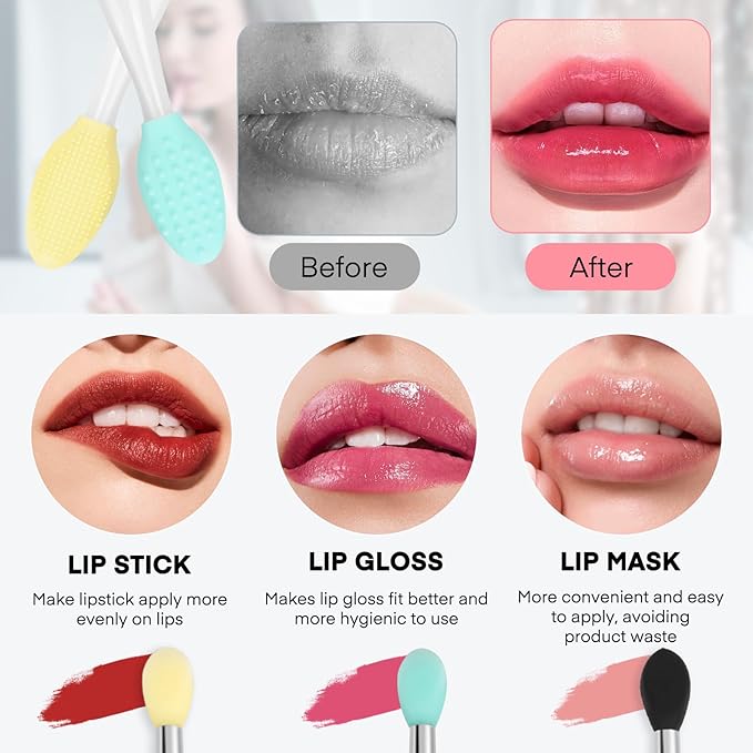 Unaone Lip Scrub Brush - 3 PCS Dual-ended Lip Scrubber Exfoliator and Silicone Lip Brush, 2-in-1 Silicone Lip Scrub Tool Lip Mask Applicator, Gentle Exfoliator & Applicator for Soft-FemmiqueWomen
