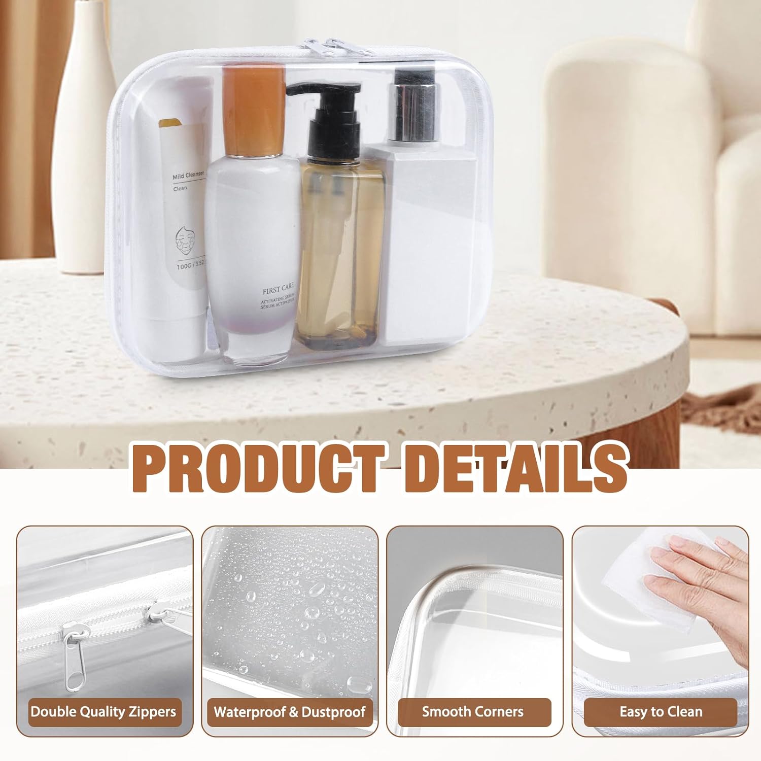 Clear Hard Shell Zipper Case 3 PCS Clear Cosmetic Make up Bag Waterproof Travel Toiletry Bag for Women, Hard Plastic Zipper Pouches Portable Travel Storage Organizer Bins (White, 10"x8"x2")-FemmiqueWomen