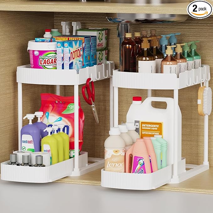 Ukeetap 2 Pack Multi-Purpose Pull-Out Storage Organizers, Under Sink & Cabinet Storage, 12.8 Inch, White (白色)