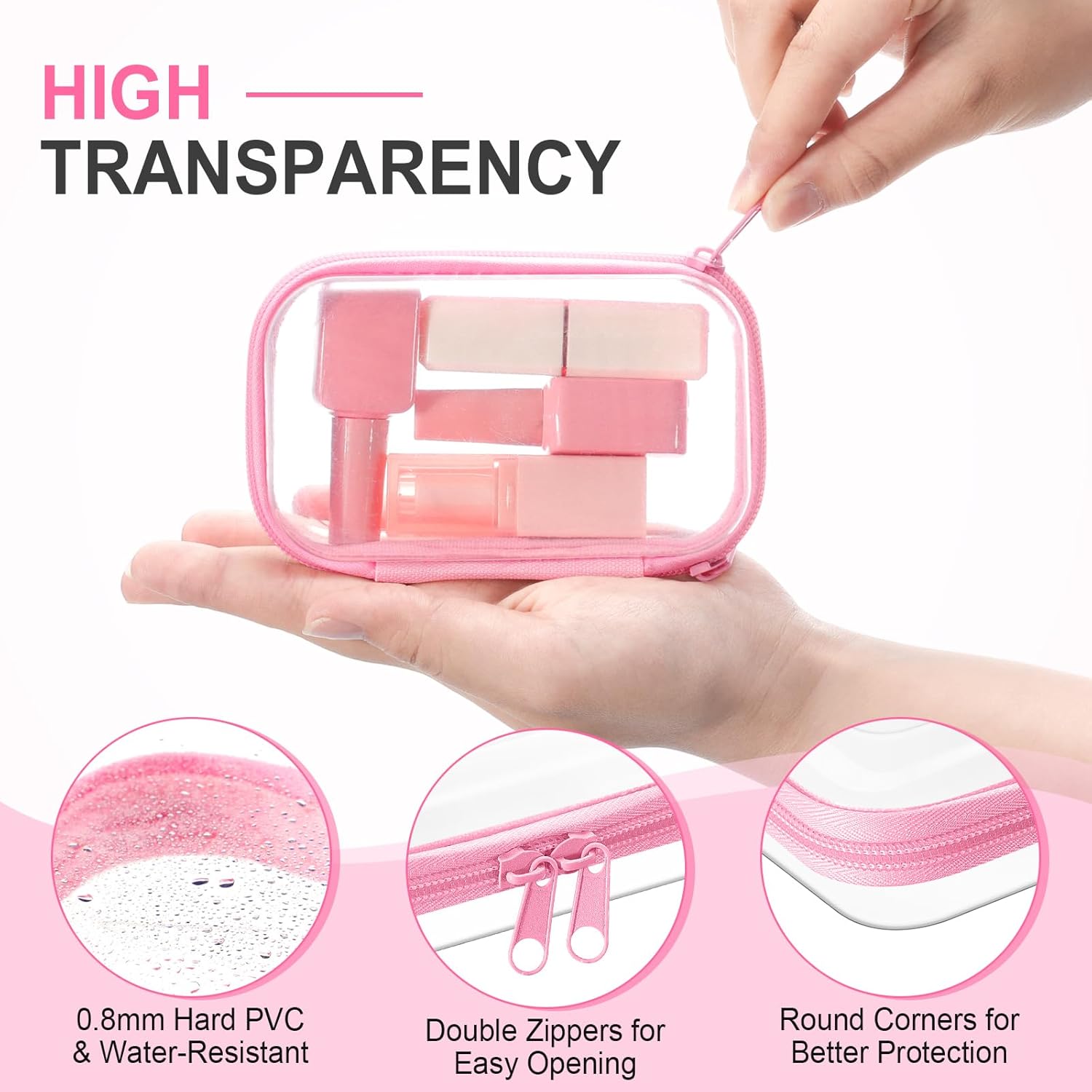 Hoolerry 3 Pcs Clear Hard Zipper Case Plastic Pouch Transparent Hard Case Clear Makeup Bag Portable Travel Organizer Bin for Cosmetics, Building Blocks, Puzzles(Pink,Xs)-FemmiqueWomen