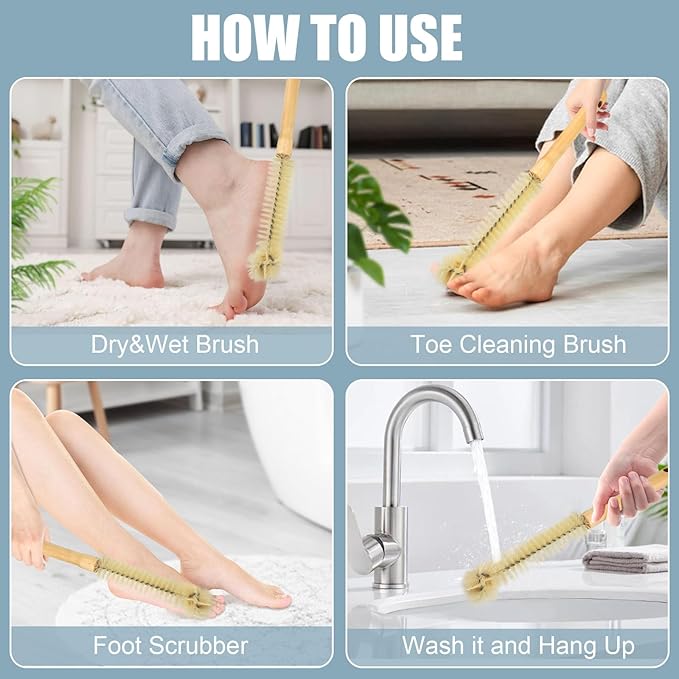 Long Handle Foot Brush for Shower,Toe Cleaning Brush for Elderly, Pregnant Moms Mobility Impaired Individuals, Easy-Grip with Hanging Hole Design (Natural Color)