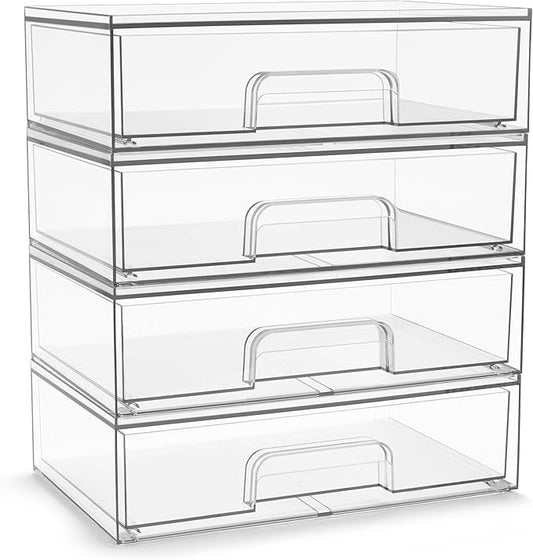 Sorbus Acrylic Storage Containers - 4 Pack, Stackable Storage Bins Set for Bathroom Organization - Clear Acrylic Drawer Organizers - Makeup Case Pull-Out Drawers (12.1’’ Wide)-FemmiqueWomen