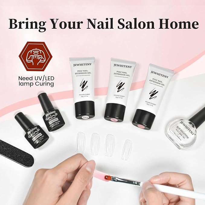 JEWHITENY Poly Extension Gel Nail Set Clear Pink Poly Nail Gel With Slip Solution Base Coat Top Coat French Manicure Need U V Lamp Curing for Finger Art and Home DIY-FemmiqueWomen