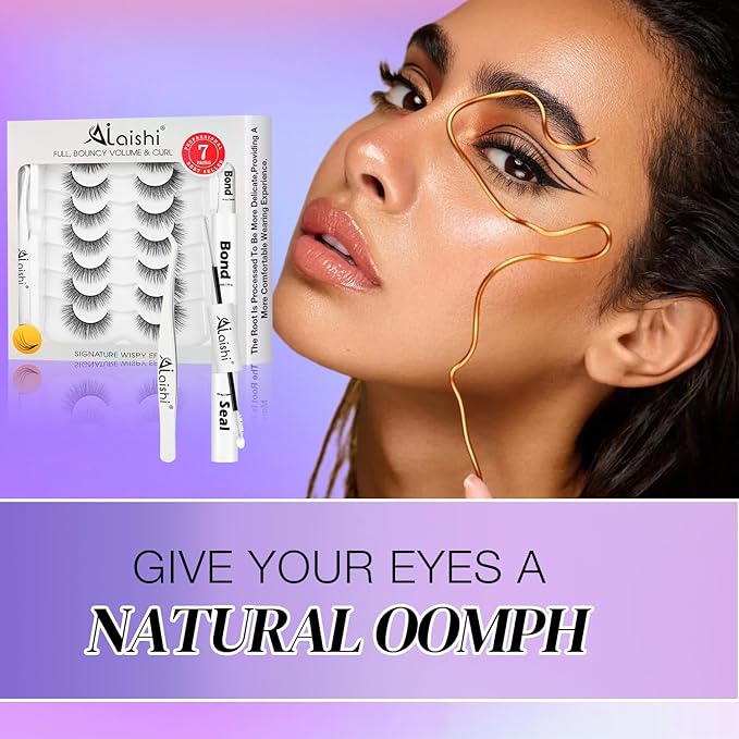 Wispy False Eyelashes Kit With Bond, Seal and Tweezer, 7 Pairs Natural Look Fake Cat Eye Lashes Strips Thin Band Extensions Waterproof Easy Eyelashes for Beginners RQ46-FemmiqueWomen