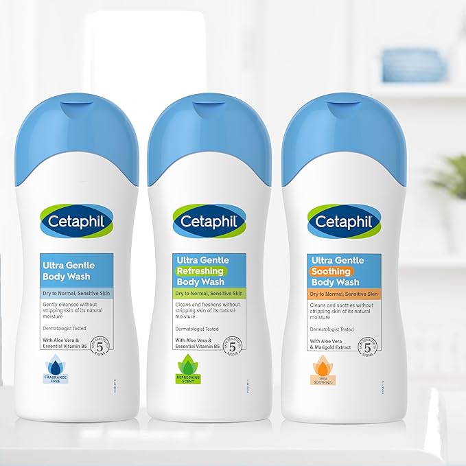 Cetaphil Ultra Gentle Refreshing Body Wash, For Dry To Normal, Sensitive Skin, Aloe Vera, Vitamin B5, Hypoallergenic, Dermatologist Tested, Fragrance Free, 16.9oz Pack of 3-FemmiqueWomen