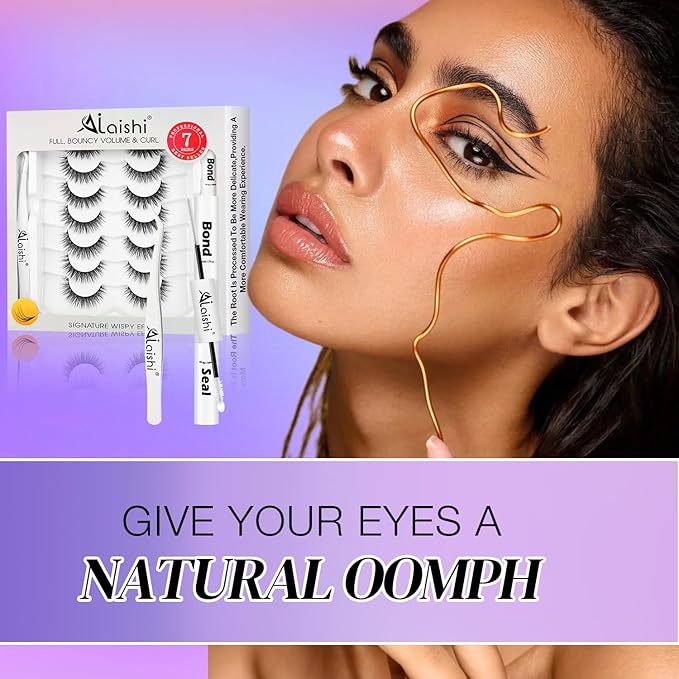 Wispy False Eyelashes Kit With Bond, Seal and Tweezer, 7 Pairs Natural Look Fake Cat Eye Lashes Strips Thin Band Extensions Waterproof Easy Eyelashes for Beginners RQ01-FemmiqueWomen