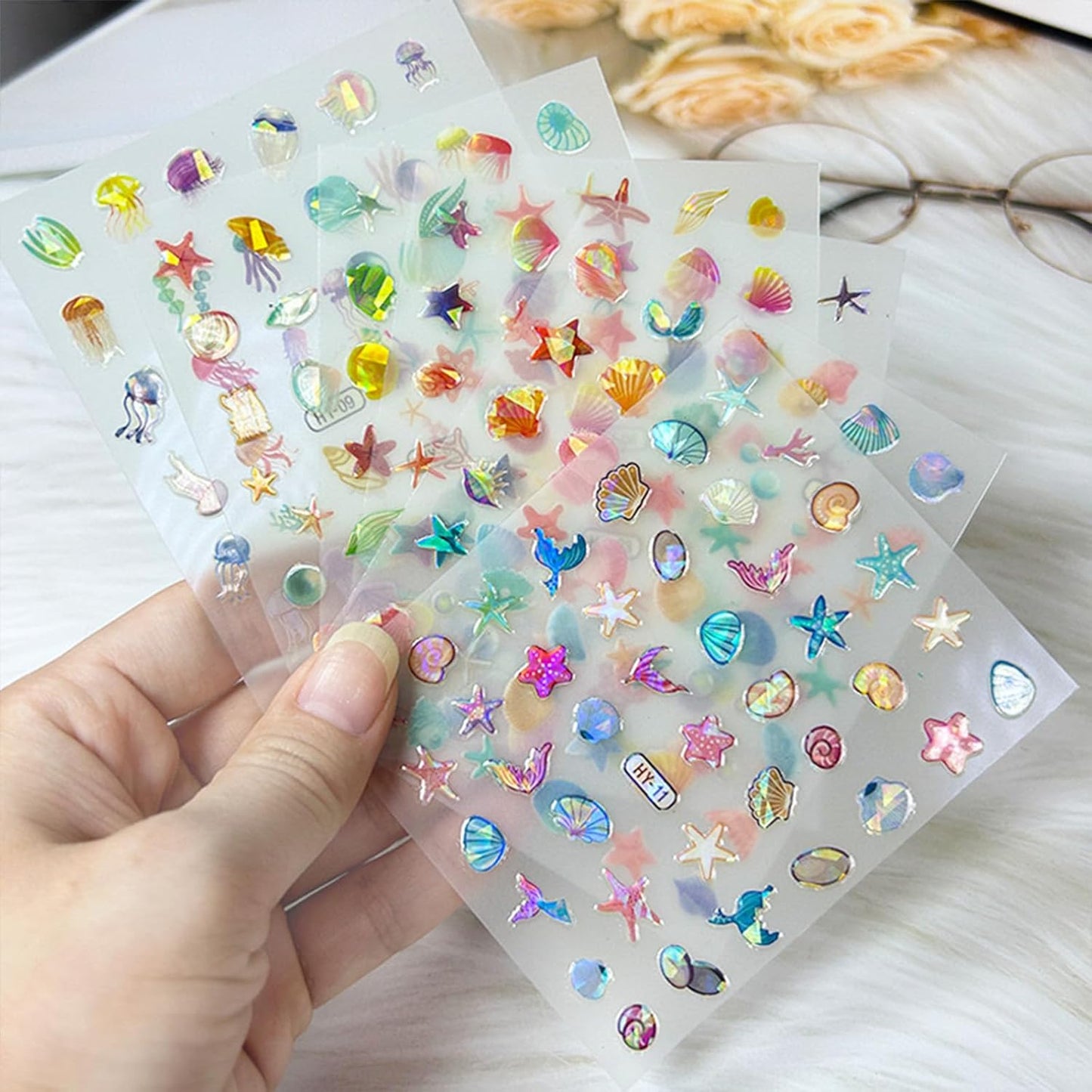 12 Sheets Ocean Nail Stickers Decals Summer Nail Decals for Nail Art 3D Self Adhesive Beach Nail Art Stickers Shellfish Starfish Designs Nail Art Supplies for Women Nail Manicure Decorations-FemmiqueWomen