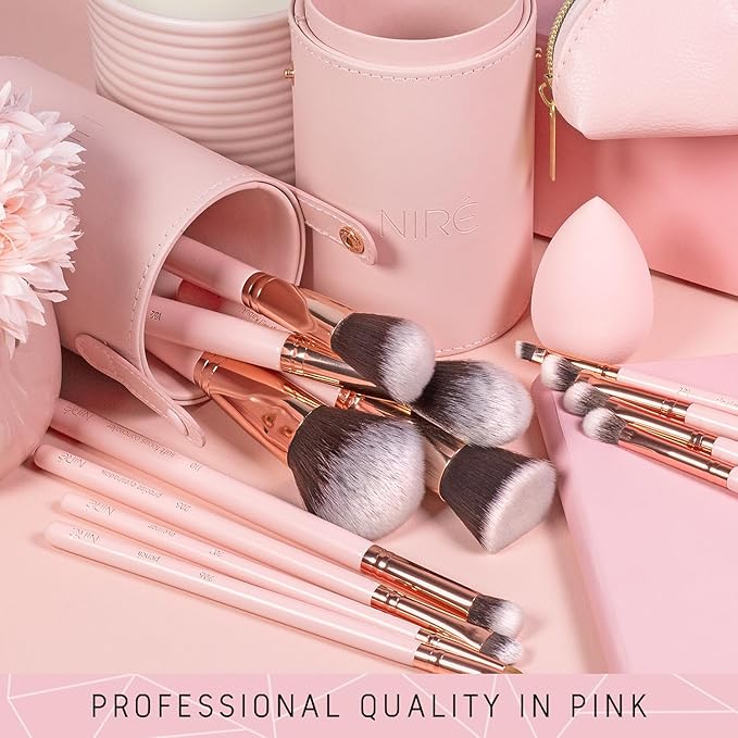 Niré Beauty 15piece Award Winning Pink Makeup Brushes: Pink Makeup Brush Set with Case, Makeup Sponge, Brush Cleaner, Guide, Gift Box-FemmiqueWomen