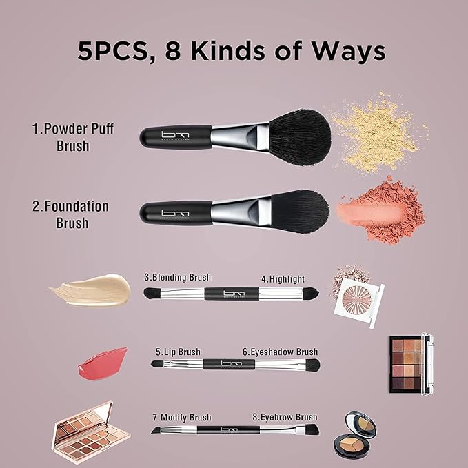 Travel Makeup Brushes Set w/Pouch, 5PCS Double Ended Portable Mini Cosmetic Brushes Kit for Foundation, Eyeshadow, Lip, Blush Make Up Brushes Professional(Black)-FemmiqueWomen