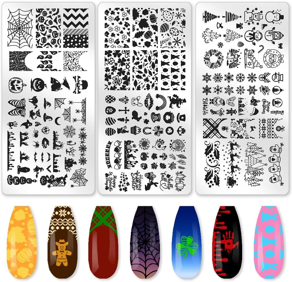 3Pcs Holiday Nail Stamping Plate Seasonal Nail Stamp Templates Nail Art Stamp Plates Easter St. Patrick's Day Christmas Halloween Image Plate Tools with Stamper Scraper for Manicure Printing-FemmiqueWomen
