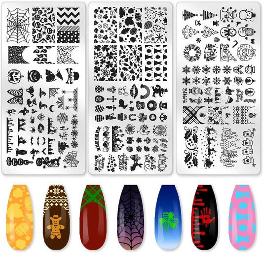 3Pcs Holiday Nail Stamping Plate Seasonal Nail Stamp Templates Nail Art Stamp Plates Easter St. Patrick's Day Christmas Halloween Image Plate Tools with Stamper Scraper for Manicure Printing-FemmiqueWomen