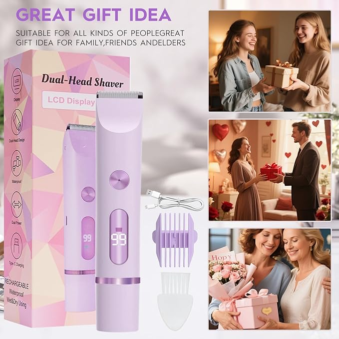 2025 Upgraded Dermave Bikini Shaver - 2 in 1 Bikini Trimmer for Women with LCD Display, Dual Head Cordless Electric Shaver, IPX7 Waterproof Wet/Dry Body Hair Trimmer for Face,Purple-FemmiqueWomen