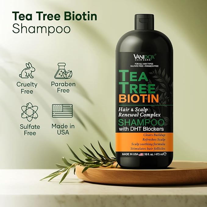 Tea Tree Oil Shampoo with Biotin, DHT Blockers, Itchy Scalp Relief, Supports Thicker-Looking Hair, Cleanses Dandruff & Buildup, For Men & Women, Made in USA, 16 fl oz-FemmiqueWomen