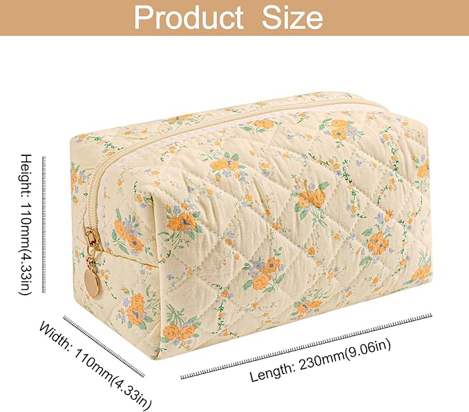 Makeup Bag Travel Cosmetic Bag for Women Girls, Zipper Make Up Pouch, Floral Flowers Toiletry Organizer Makeup, Portable Storage Bag, Cosmetic Travel Cloth Bag (Yellow Orange Flower)-FemmiqueWomen