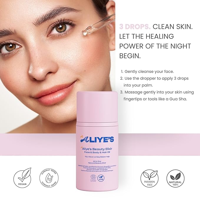 ALIYE'S A Beauty Elixir - All In One - Face & Body & Hair Oil Ecocert/Cosmos Natural Certified, Vegan, Non-GMO, Alcohol - Silicone Paraben Free, Derma-FemmiqueWomen